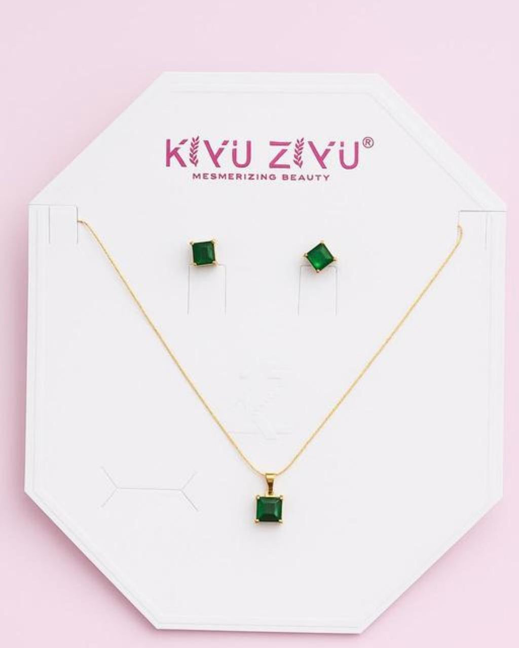 Elegant Green Square Stone Necklace & Stud Earrings Set.