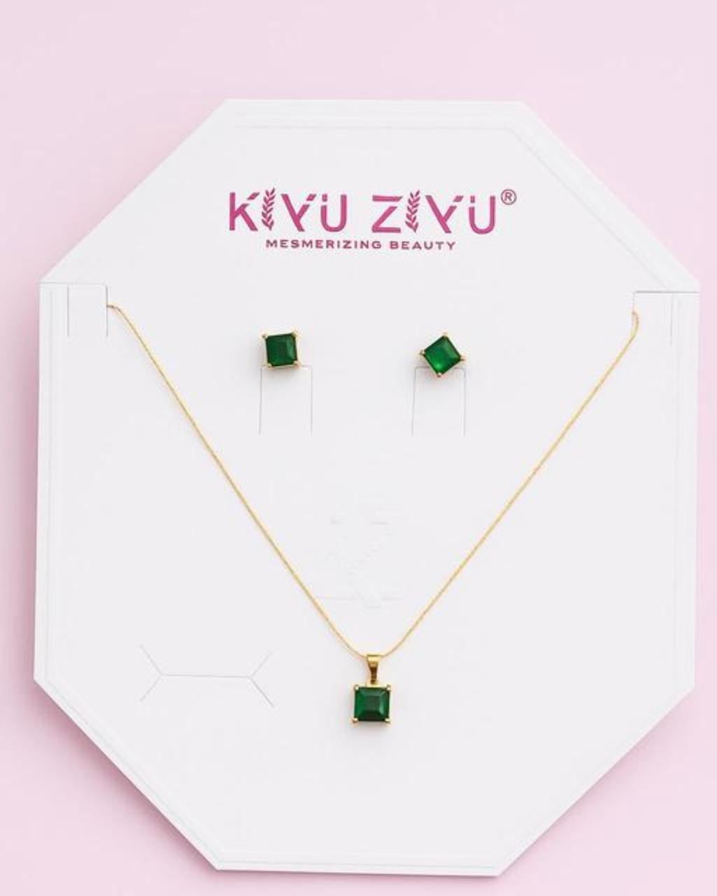 Elegant Green Square Stone Necklace & Stud Earrings Set.
