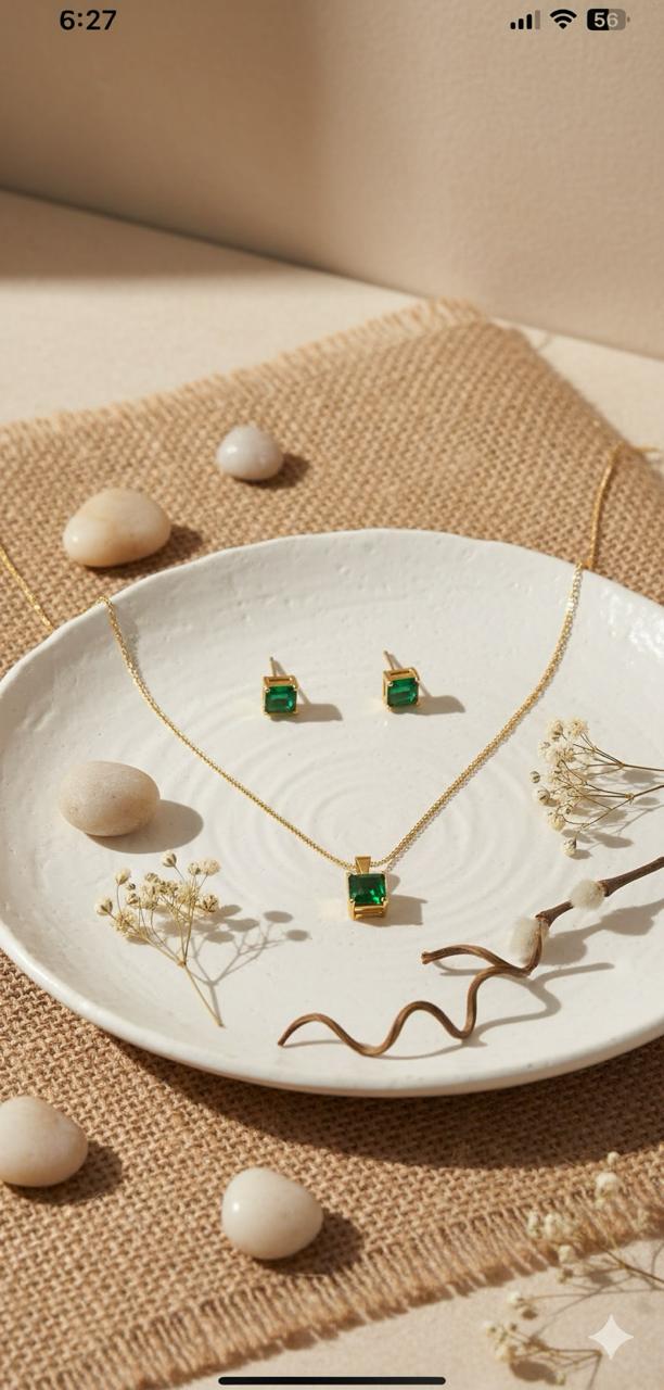 Elegant Green Square Stone Necklace & Stud Earrings Set.