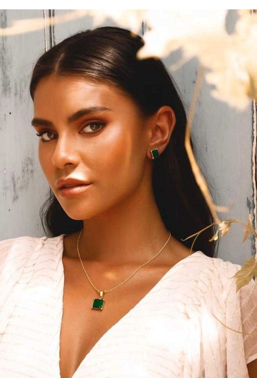 Elegant Green Square Stone Necklace & Stud Earrings Set.