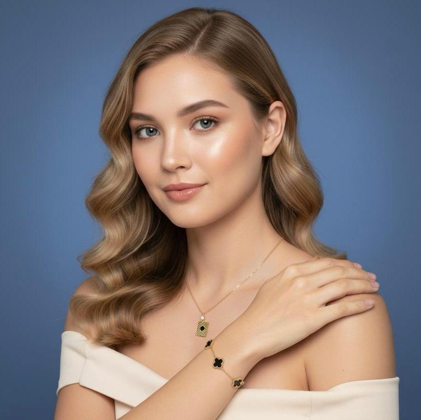 Black Clover Gold Necklace & Bracelet Set.